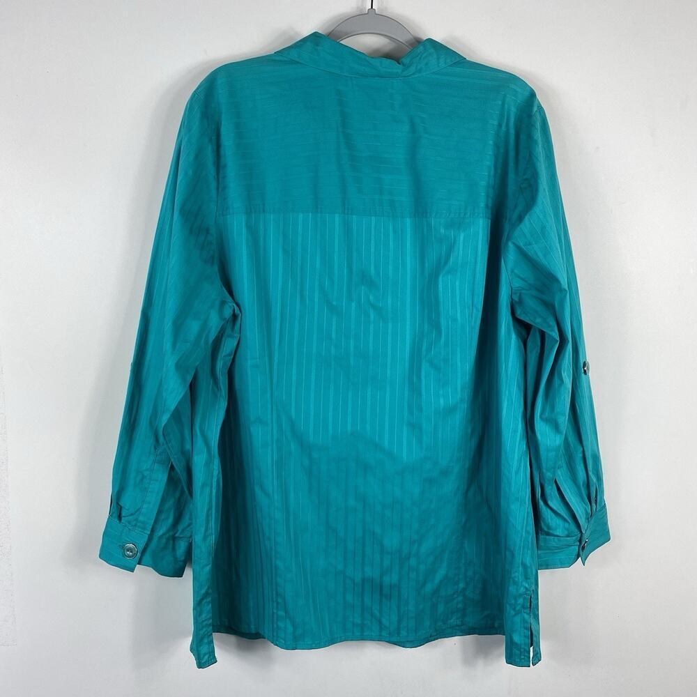 Liz & Me Plus Size 1X 18 20 Striped Roll Tab Sleeve Button Shirt Top Green - Picture 2 of 4